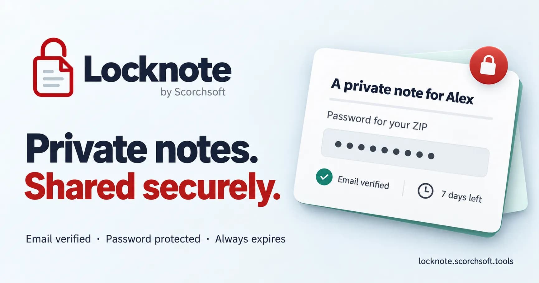 Locknote by Scorchsoft: Private notes. Shared securely. Illustration of a ZIP-password note protected by email verification and expiry.