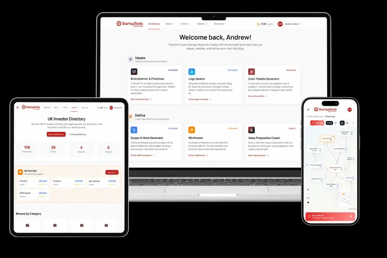 StartupTools AI platform taking founders from scattered ideas to investor-ready plans