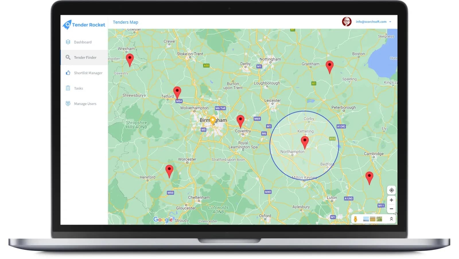 Tender Rocket online SaaS portal shown on a laptop, with a map of tender opportunities