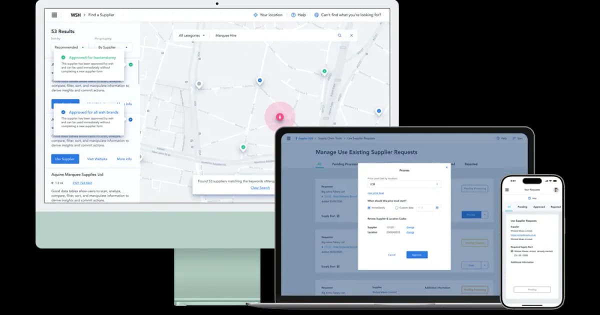 The WSH supplier portal on a monitor, laptop and phone: the Find a Supplier map with 53 approved-supplier results beside the Manage Use Existing Supplier Requests screen