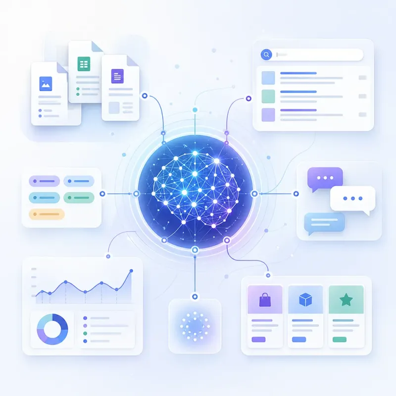 Abstract AI system connecting documents, search, classifications and forecasting charts for business software.