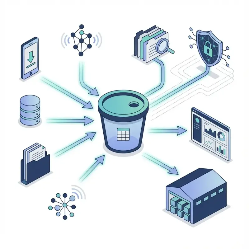 A central object storage bucket icon as the “durable storage layer”, connected to a catalog card-index icon and a governance lock/shield icon; arrows from multiple sources (app, database, files, sensors) into the storage; arrows from storage out to analytics dashboards and to a structured warehouse block; include subtle “audit trail” dotted lines around governance.