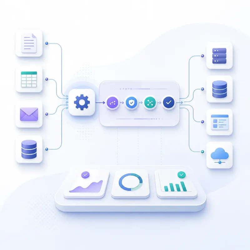 Automated workflow pipeline moving documents and data between connected business systems.