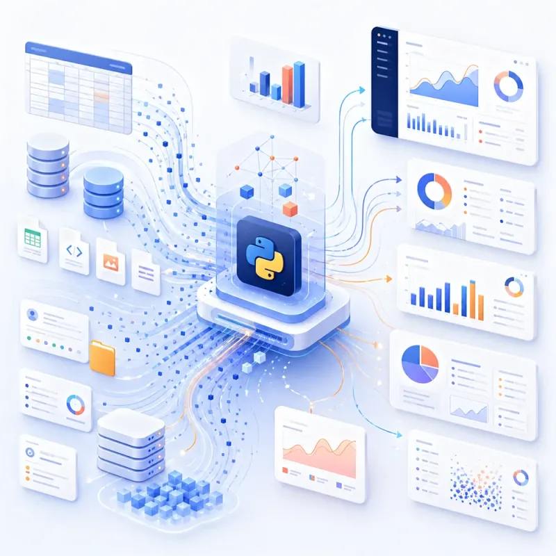 Raw data flowing into dashboards and reports, representing Python data processing and reporting.