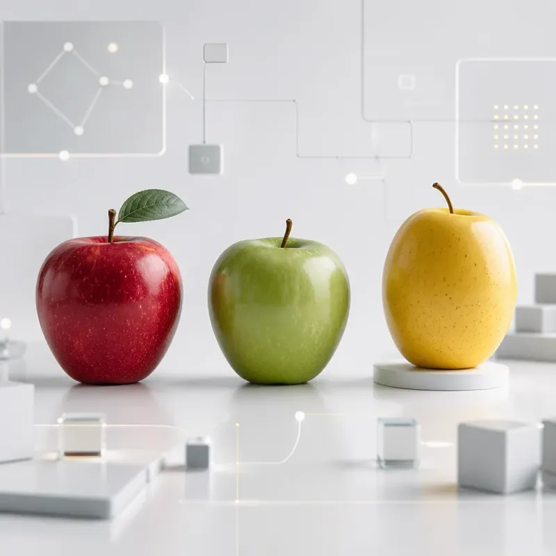 Three different apples representing the choice between Django, Flask and FastAPI for different Python development needs.