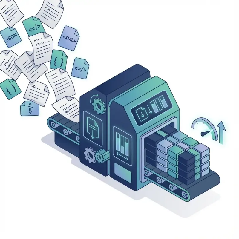 Messy document sheets and semi-structured data icons flowing into a “format optimiser” machine with compression and column icons, outputting neat columnar data blocks stacked efficiently; include a subtle speedometer icon near the output to suggest faster query performance.