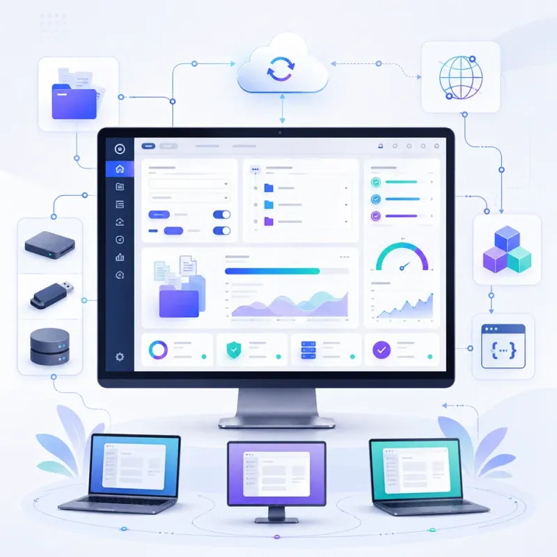 Desktop application interface connected to files, devices and cloud services, representing Python desktop app development.