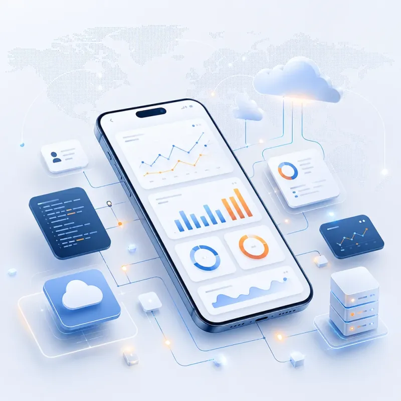 Smartphone displaying analytics charts with a world map and connected data nodes, representing scalable Python web applications.