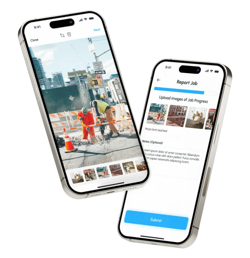 iPhones displaying in-app image selection and form screens iPhones displaying in-app image selection and form screens