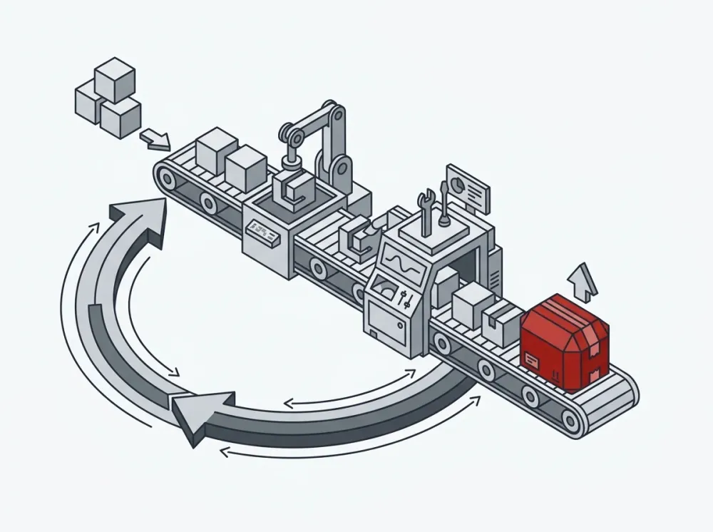 Isometric diagram of a fast two-week build-and-ship delivery pipeline