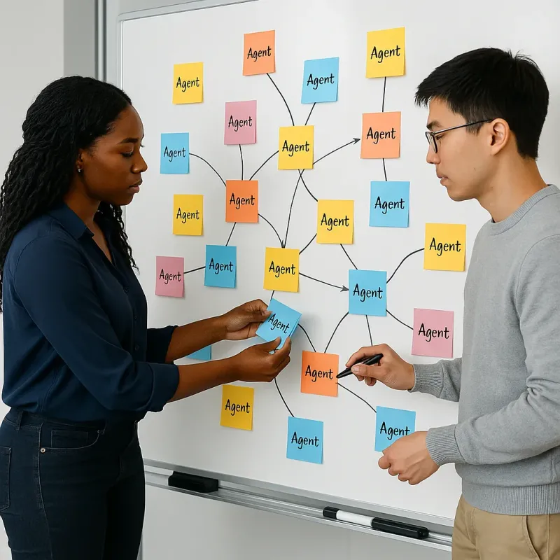 A team conducts AI agent opportunity mapping using a whiteboard covered in post-it notes. Each note lists a different AI agent. Lines drawn between the notes show how these agents interact. A team conducts AI agent opportunity mapping using a whiteboard covered in post-it notes. Each note lists a different AI agent. Lines drawn between the notes show how these agents interact.