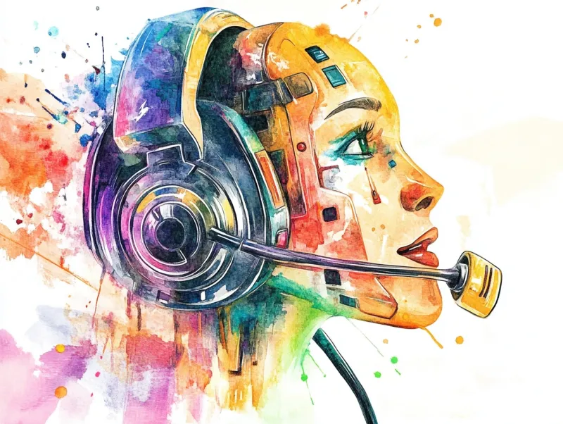An AI answering a modern telephone answering system depicted in a colourful watercolour style.