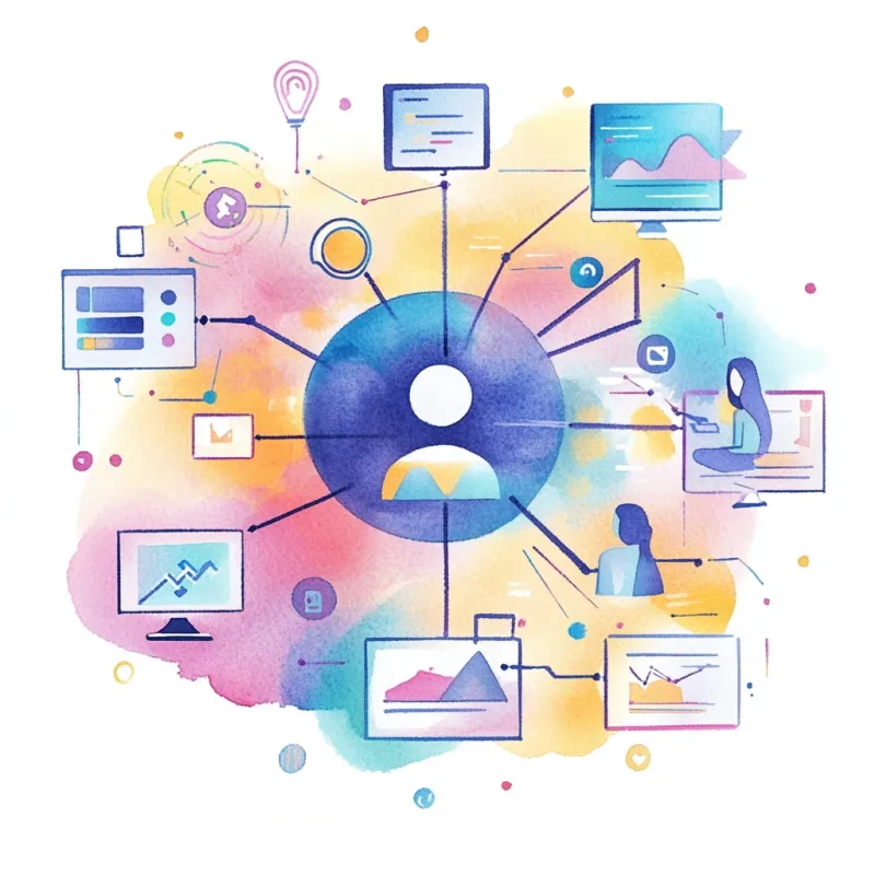 An AI answering a modern telephone answering system depicted in a colourful watercolour style.