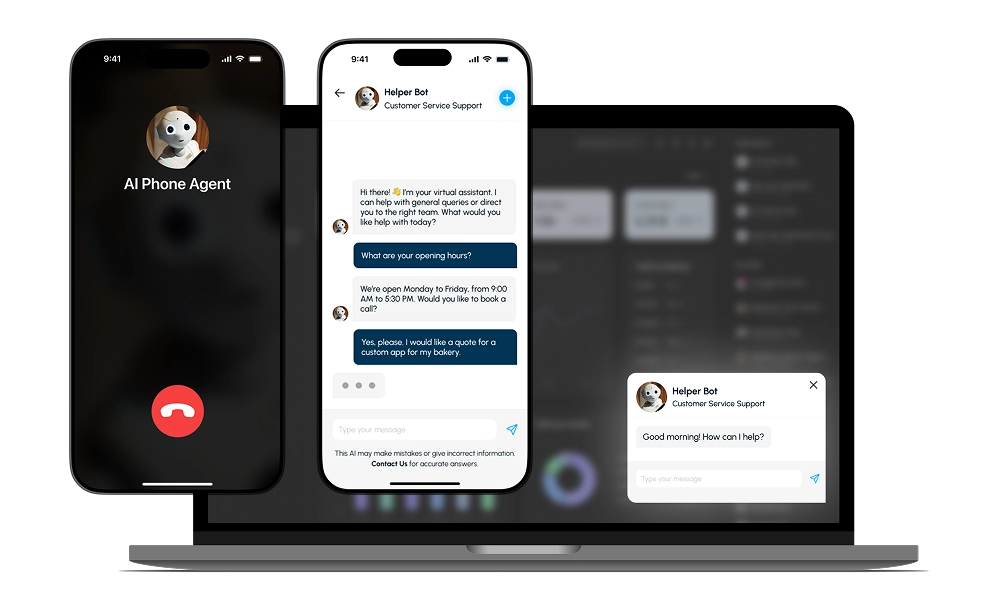 AI enablement package, a picture of an app, phone agent, and web widget agent