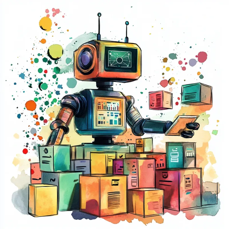 a robot classifying boxes representing data in a modern illustrated style. colourful watercolour a robot classifying boxes representing data in a modern illustrated style. colourful watercolour