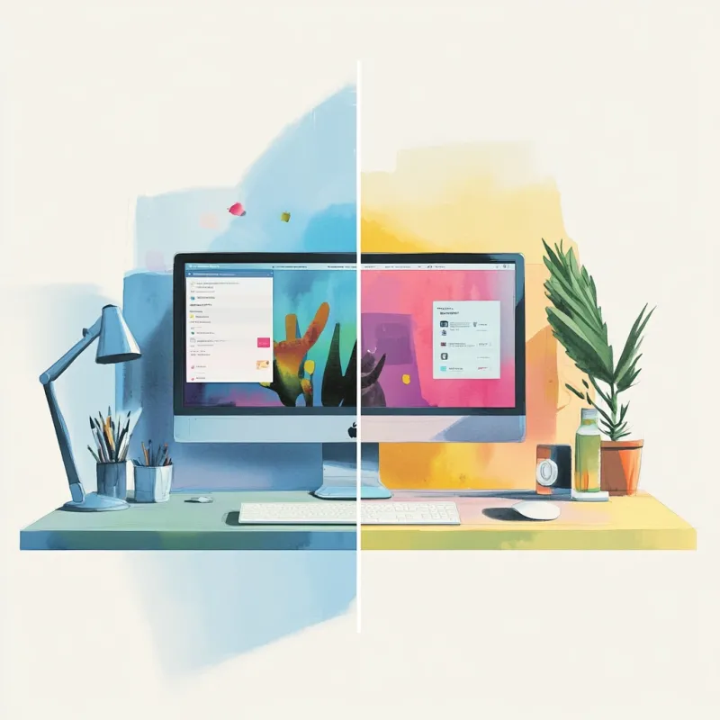 A split view of a desktop app on one side and a web app on the other in a modern illustrated style.  A split view of a desktop app on one side and a web app on the other in a modern illustrated style.