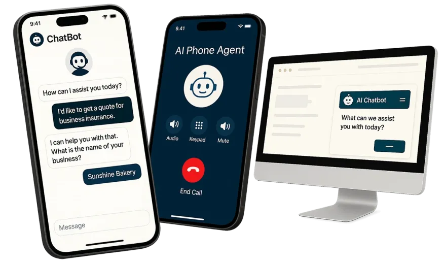 AI enablement package, a picture of an app, phone agent, and web widget agent