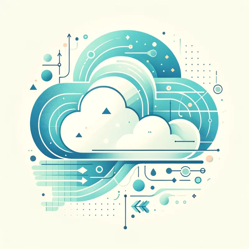 a modern and clean thumbnail representing the concept of cloud-based software updates. The image should feature simple geometric shapes in a pastel color palette, including soft blues and gentle greens. Visual elements to include are a stylized cloud, simplified representations of software or data packets flowing into or out of the cloud, and subtle arrows or lines indicating movement or updates.