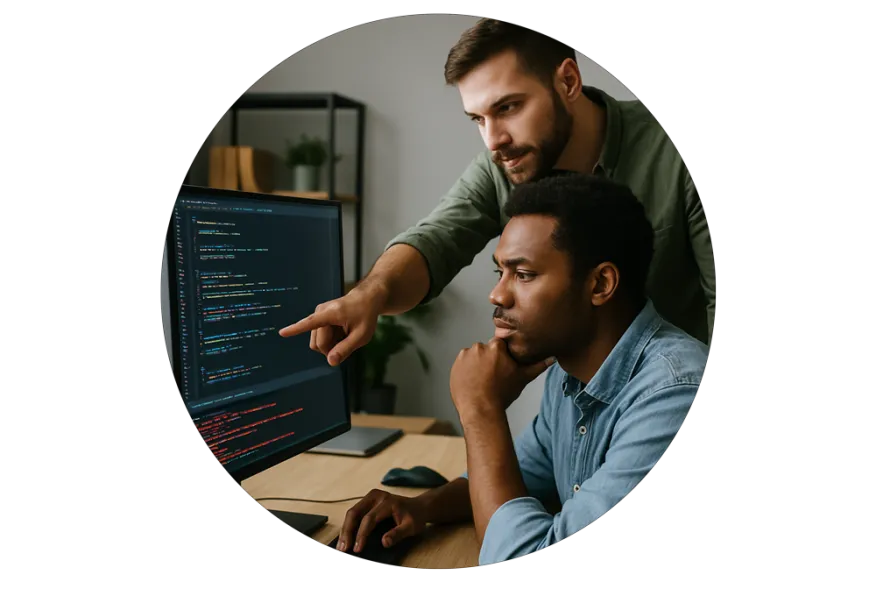 Software developers reviewing code to provide solutions