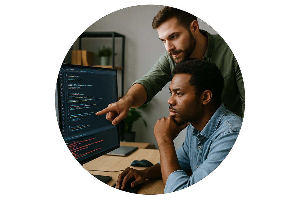 Software developers reviewing code to provide solutions
