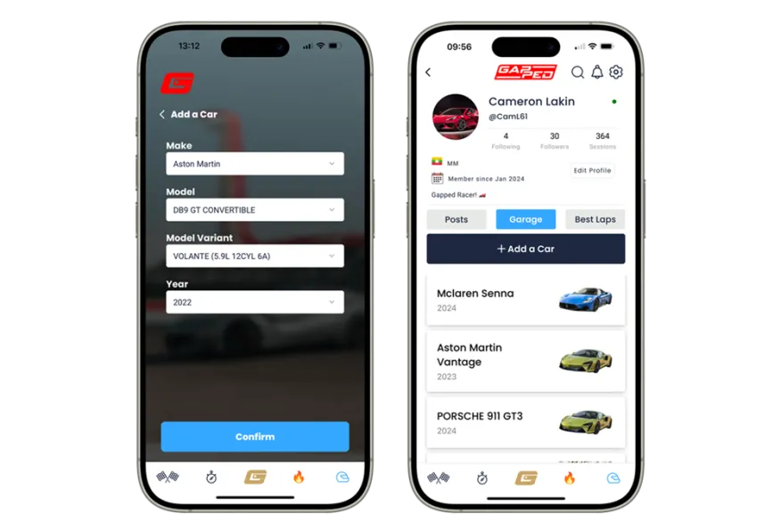 2 iPhones displaying different screens of a racing mobile app