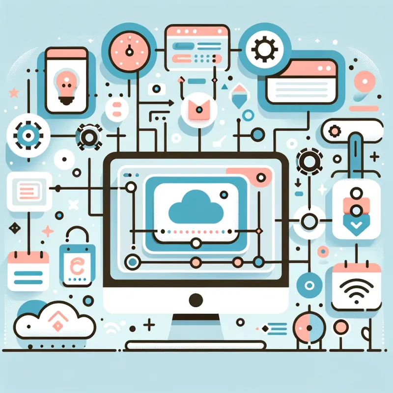 the concept of automating routine tasks in a digital service. The image should feature a modern, minimalistic style with pastel colors. Visual elements could include a desktop computer displaying various interconnected icons symbolizing different tools and services (like a cloud, a gear for settings, and a calendar). 