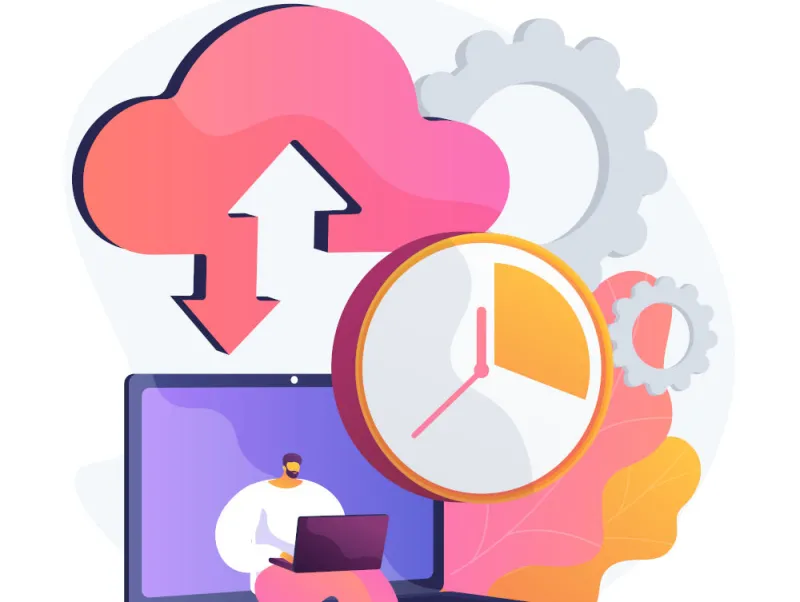 a-pink-cloud-with-a-cut-out-arrow-and-a-clock-with-man-on-laptop-sitting-under