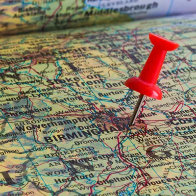 a map with a pin in it at Birmingham, UK a map with a pin in it at Birmingham, UK