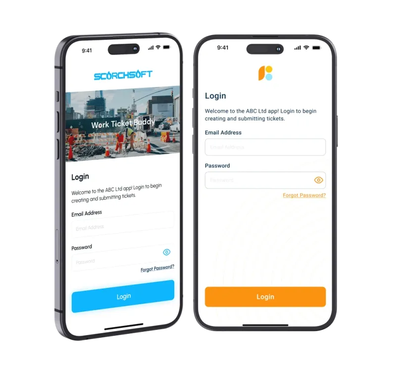 2 iPhone's displaying the same Login screen with different branding styles 2 iPhone's displaying the same Login screen with different branding styles