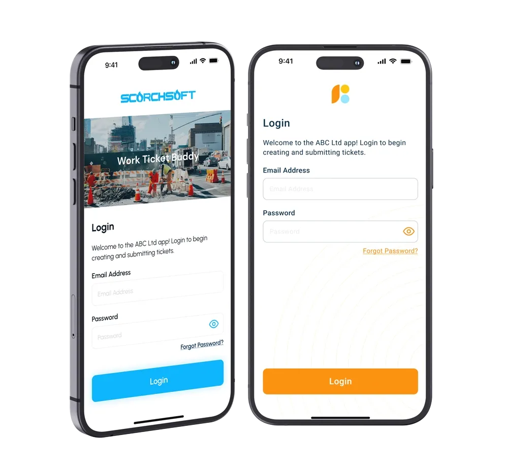 2 iPhone's displaying the same Login screen with different branding styles 2 iPhone's displaying the same Login screen with different branding styles