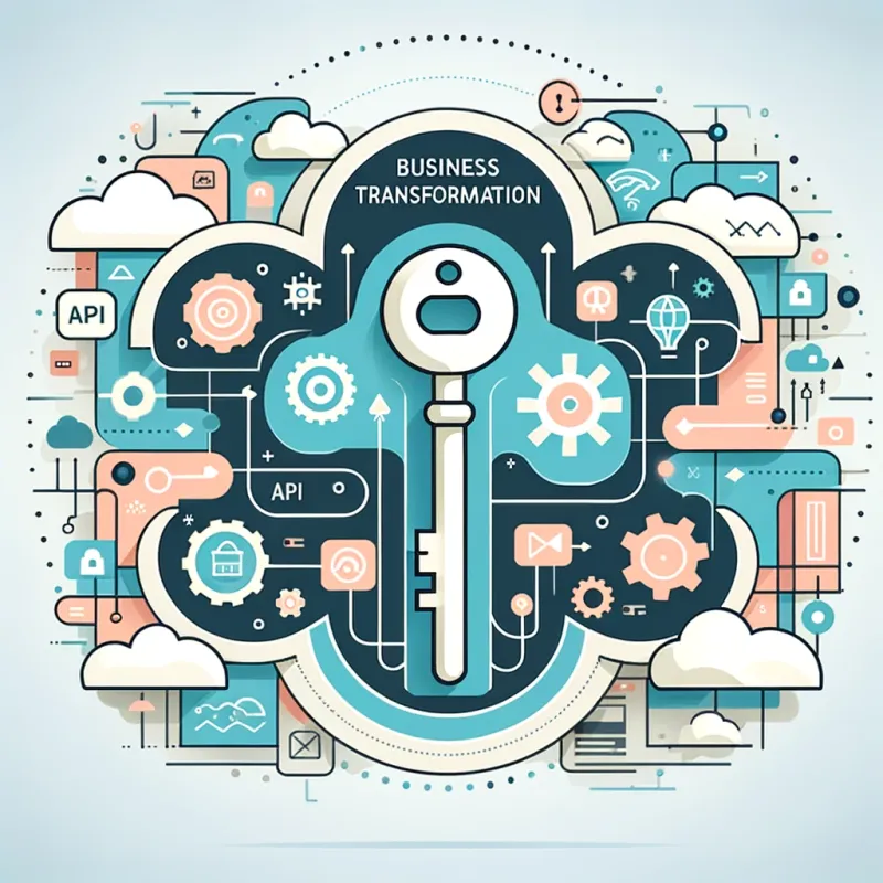 a promotional message offering business transformation through seamless API integration and automation services. The design should be in a modern, minimalist style, using pastel colors. Visual elements should include a key unlocking a digital landscape or network, symbolizing unlocking the full potential of a digital ecosystem. Other symbols like interconnected gears or clouds could represent API integration and automation. 