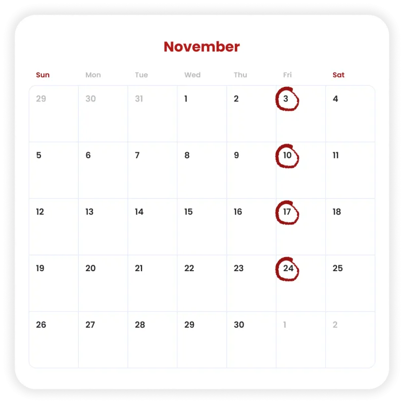 Digital calendar of the month November with all Fridays circled Digital calendar of the month November with all Fridays circled