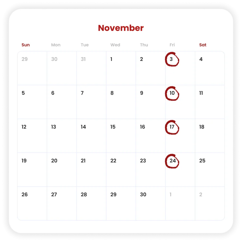 Digital calendar of the month November with all Fridays circled Digital calendar of the month November with all Fridays circled