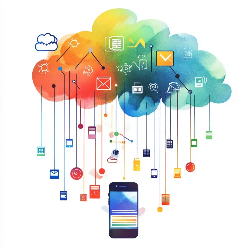 A colorful watercolor-style illustration of a cloud of interconnected icons (CRM, database, calendar, API nodes) linked to a phone, representing data integration with an AI voice agent.