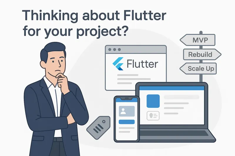 A business person considering whether to build an app in flutter. Illustrated image A business person considering whether to build an app in flutter. Illustrated image