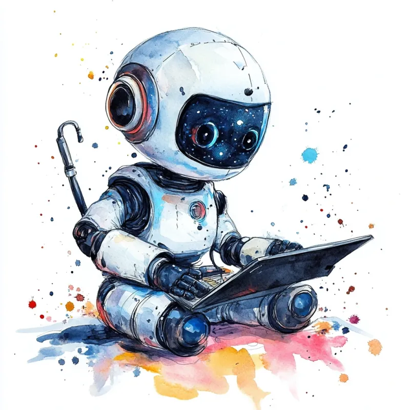 a cute but professional AI bot performing tasks never before possible. Vibrant watercolour illustration
