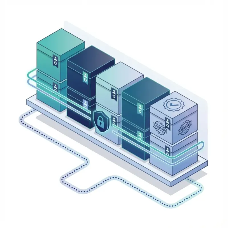 Illustration of governance: datasets as “products” on shelves with owner tags, with a central guardrail/handrail motif and a lock icon; modern vector style, white background, no text