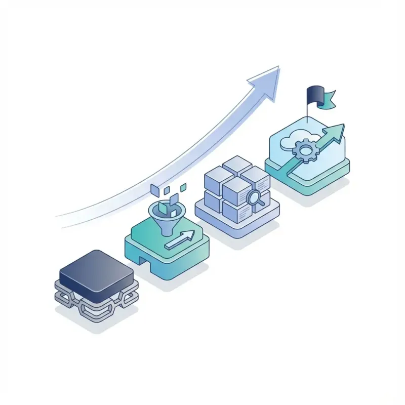 Roadmap illustration with 4 phases represented as stepping stones: foundation → first ingestion → first curated dataset → scale; clean corporate vector, white background, no text
