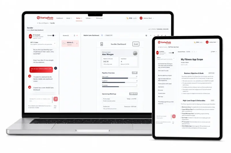 A wireframe sketch feeding into a scope-of-work document with checked items.