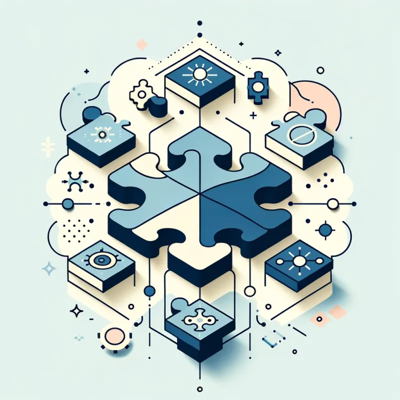 the idea of creating unique, differentiated value through digital service adaptability. The image should be styled in a modern, minimalist manner with a pastel color palette. Key visuals could include interconnected puzzle pieces, each piece representing different services or tools that can integrate with a central platform. This central element could be symbolized by a larger, distinct puzzle piece or a platform-like shape, emphasizing integration and adaptability.