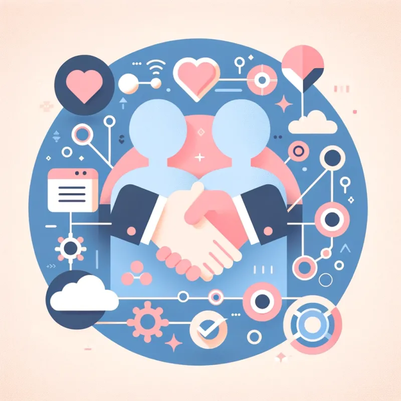 the enhancement of user experience through digital service integration, without including any text elements. The visual should be minimalistic and modern, featuring pastel colors. Illustrate the concept with symbols like a smooth handshake to denote partnership or integration, heart shapes to represent user satisfaction, and interconnected circles or links for seamless interaction.