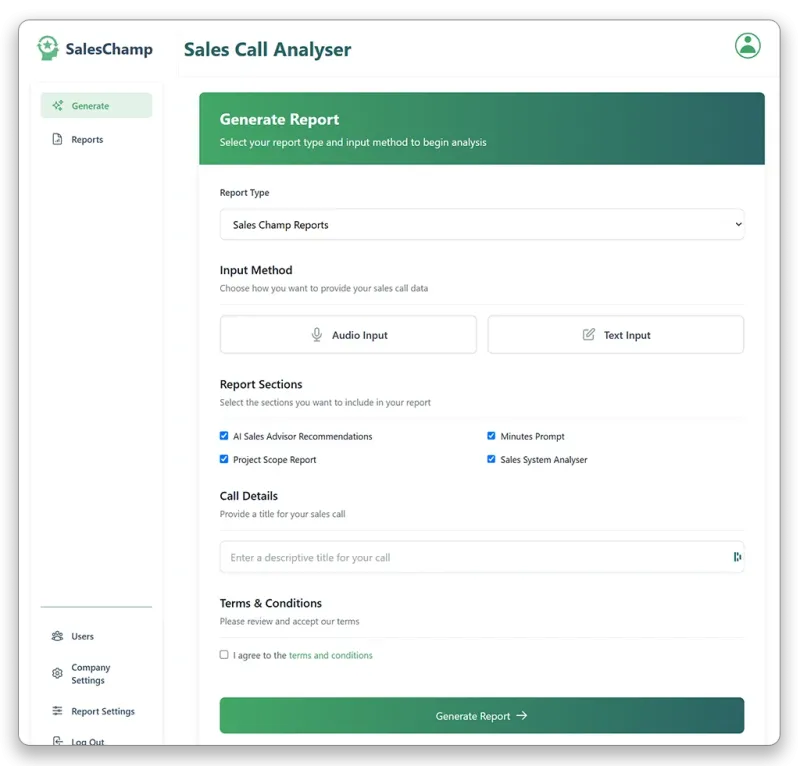 SalesChamp UI for inputting media to generate an AI report from SalesChamp UI for inputting media to generate an AI report from