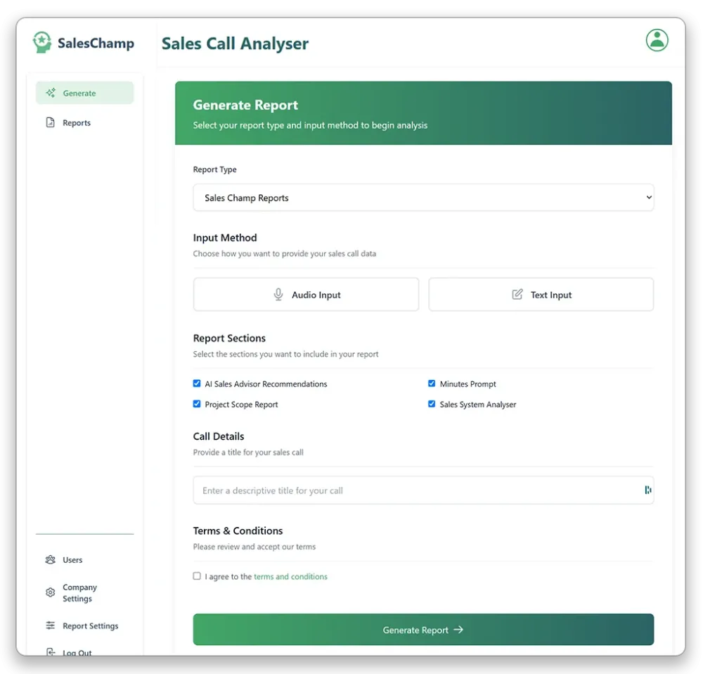 SalesChamp UI for inputting media to generate an AI report from SalesChamp UI for inputting media to generate an AI report from
