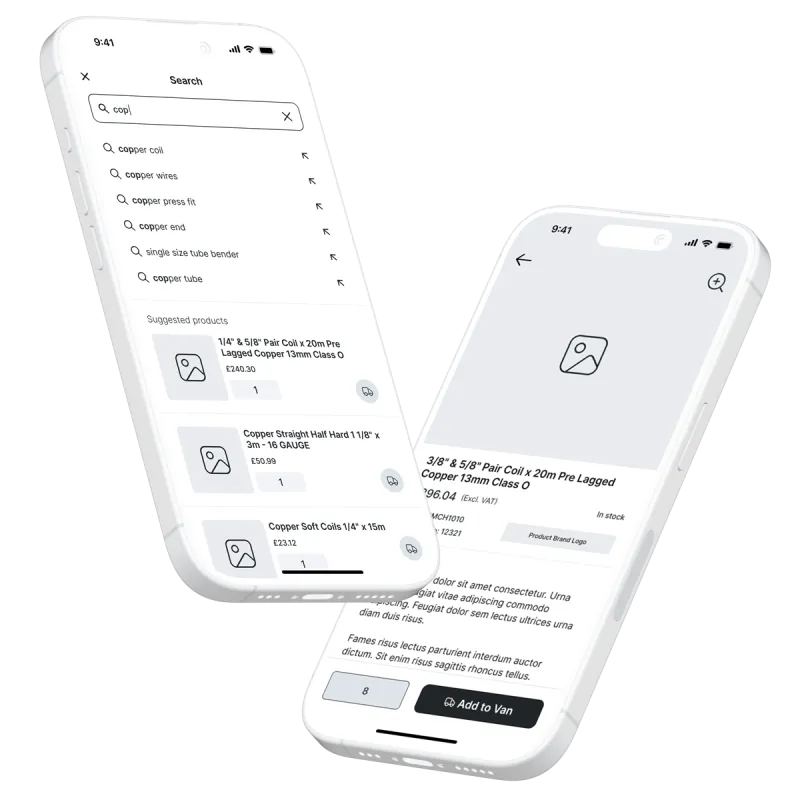 2 iPhones displaying wireframe concepts for a search and product page 2 iPhones displaying wireframe concepts for a search and product page