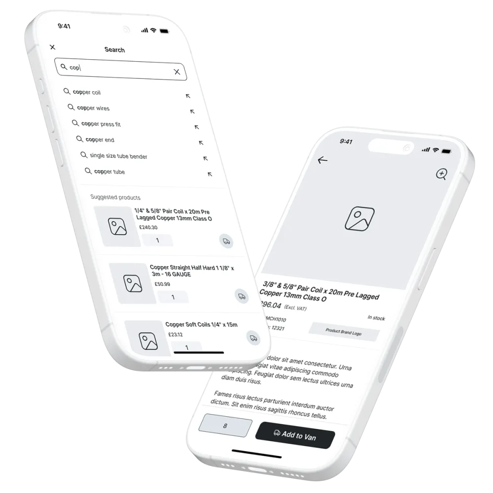 2 iPhones displaying wireframe concepts for a search and product page 2 iPhones displaying wireframe concepts for a search and product page