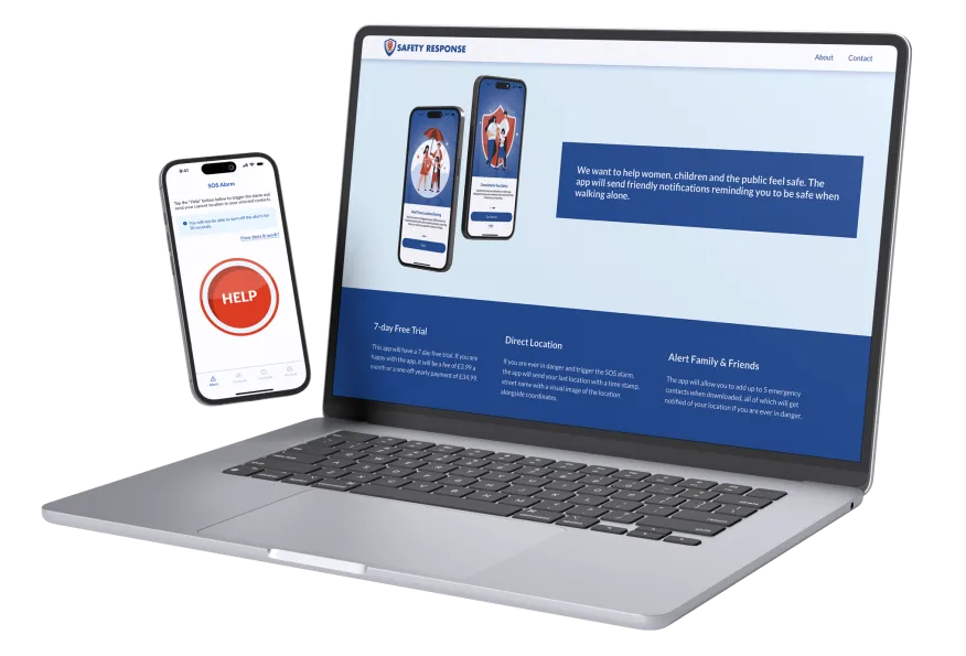 iPhone and Macbook displaying the mobile app and company landing page