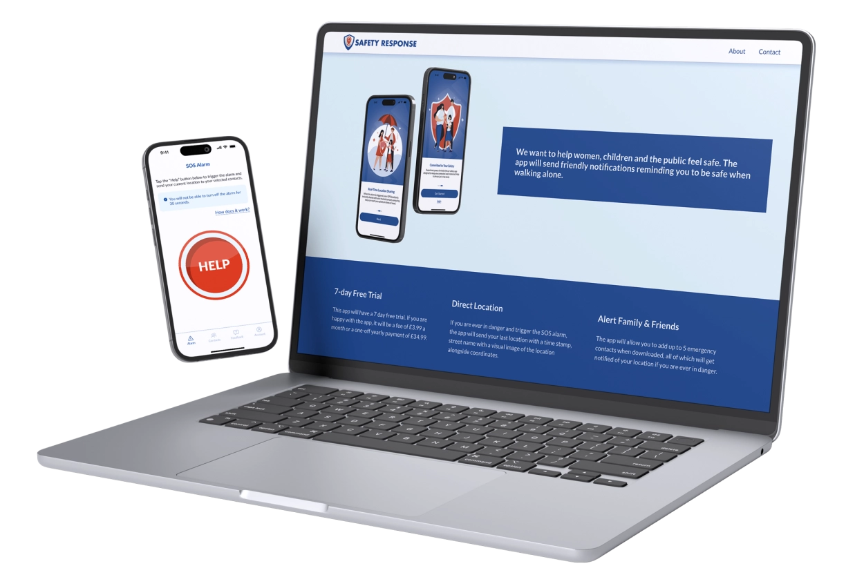 iPhone and Macbook displaying the mobile app and company landing page