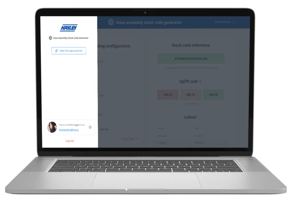 Hayley Hub Menu with account & company details options Hayley Hub Menu with account & company details options
