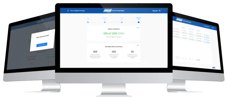Pricing Engine showing Set Tolerance Screen, Final Summary Step in price Update Process, and Price List screen Pricing Engine showing Set Tolerance Screen, Final Summary Step in price Update Process, and Price List screen