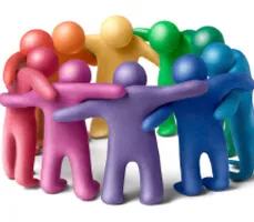 multi colours stick men in a group huddle, representing the groups you may have in a web system multi colours stick men in a group huddle, representing the groups you may have in a web system
